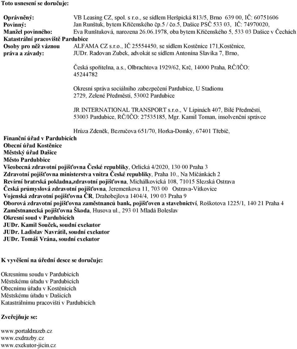 1978, oba bytem Křičenského 5, 533 03 Dašice v Čechách Katastrální pracoviště Pardubice Osoby pro něž váznou práva a závady: ALFAMA CZ s.r.o., IČ 25554450, se sídlem Kostěnice 171,Kostěnice, JUDr.