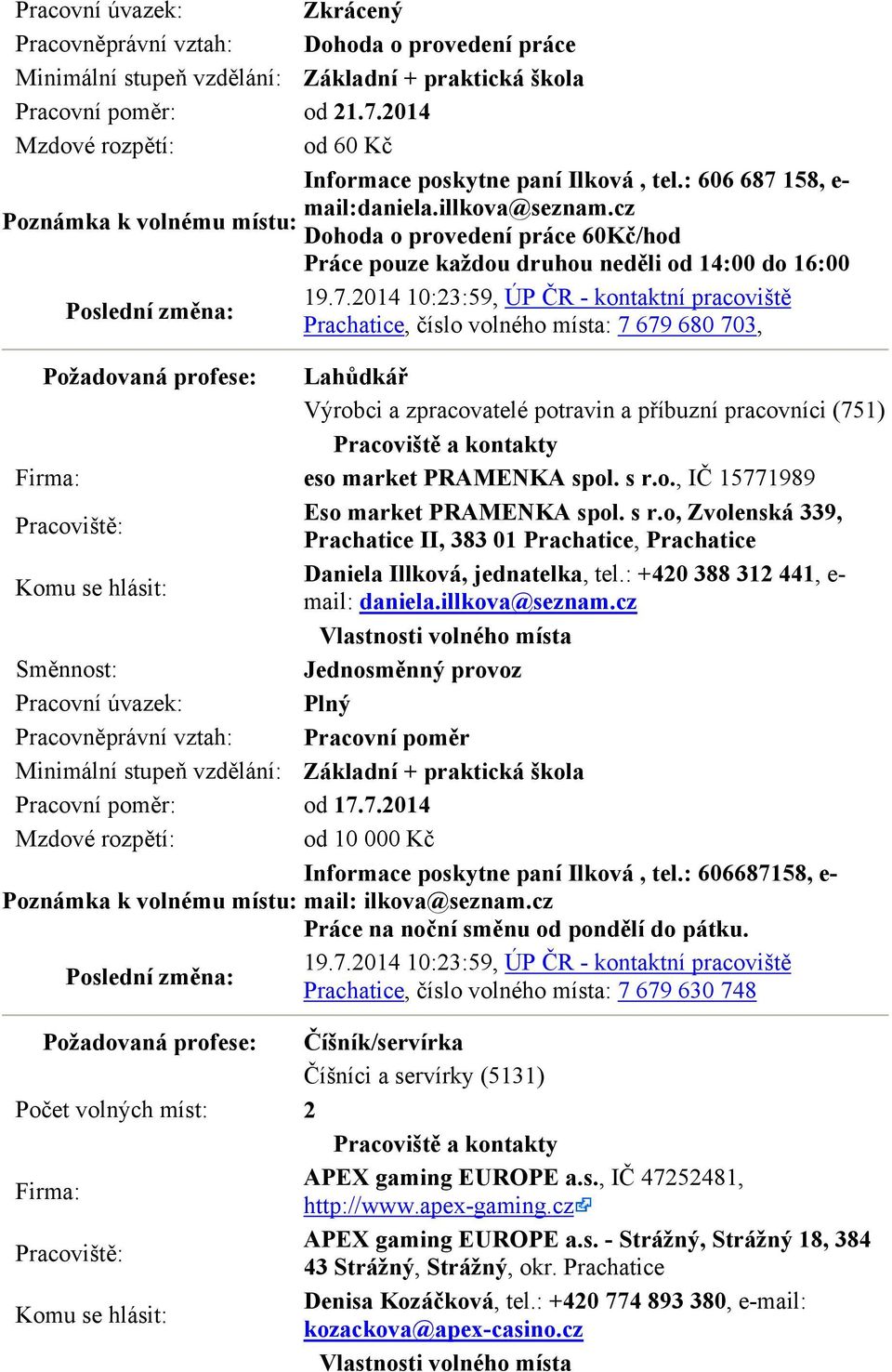 158, e- mail:daniela.illkova@seznam.cz Dohoda o provedení práce 60Kč/hod Práce pouze každou druhou neděli od 14:00 do 16:00 19.7.