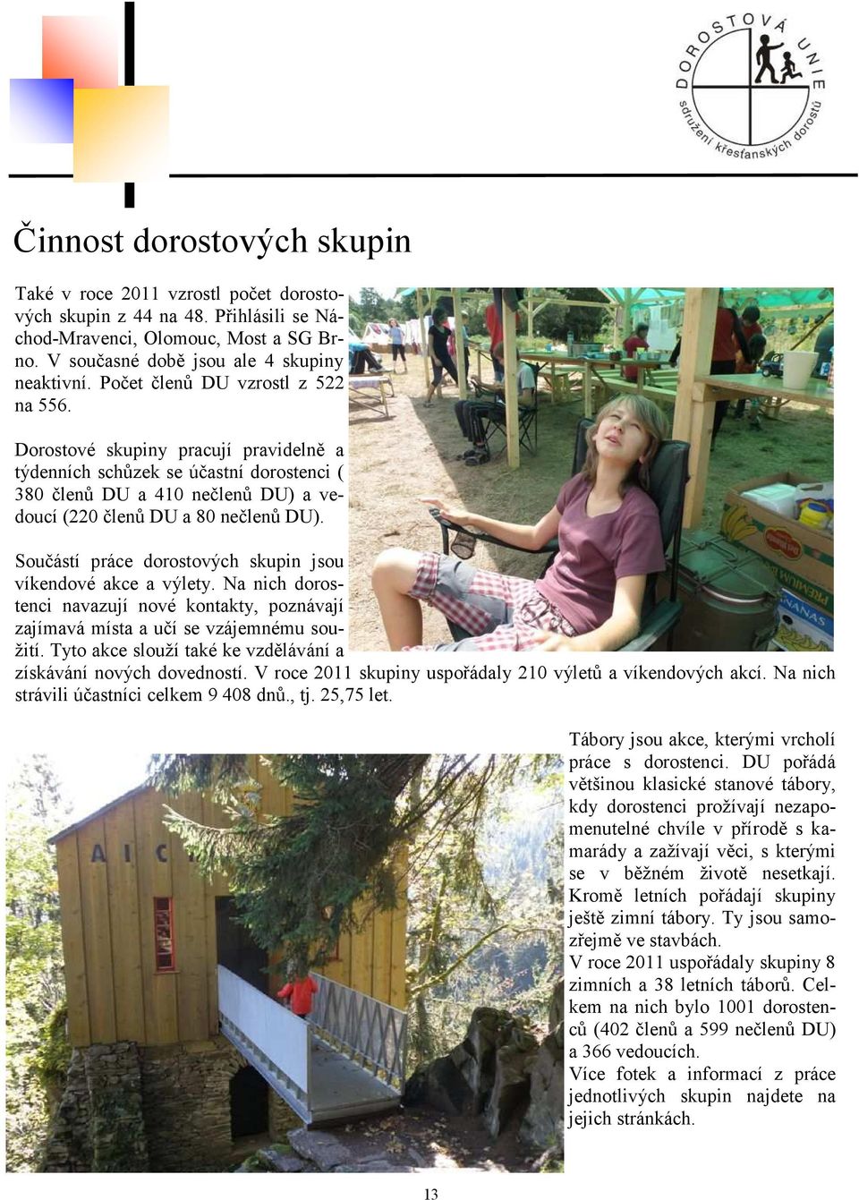 Součástí práce dorostových skupin jsou víkendové akce a výlety. Na nich dorostenci navazují nové kontakty, poznávají zajímavá místa a učí se vzájemnému soužití.