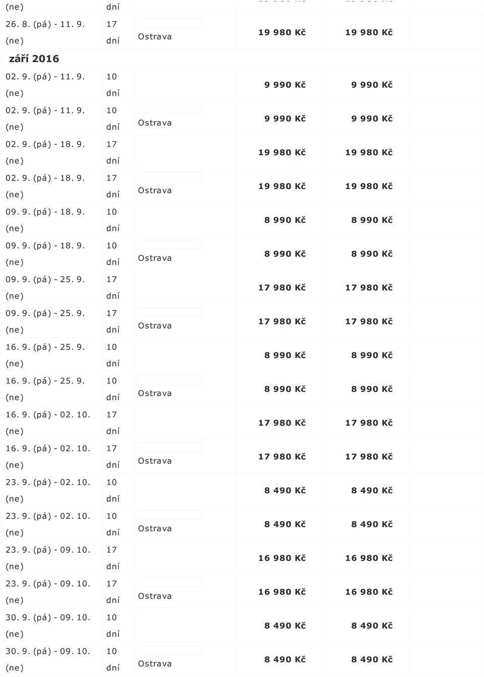9. (pá) - 25. 9. 16. 9. (pá) - 25. 9. 16. 9. (pá) - 02.. 980 Kč 980 Kč 16. 9. (pá) - 02.. 980 Kč 980 Kč 23. 9. (pá) - 02.. 23. 9. (pá) - 02.. 23. 9. (pá) - 09.