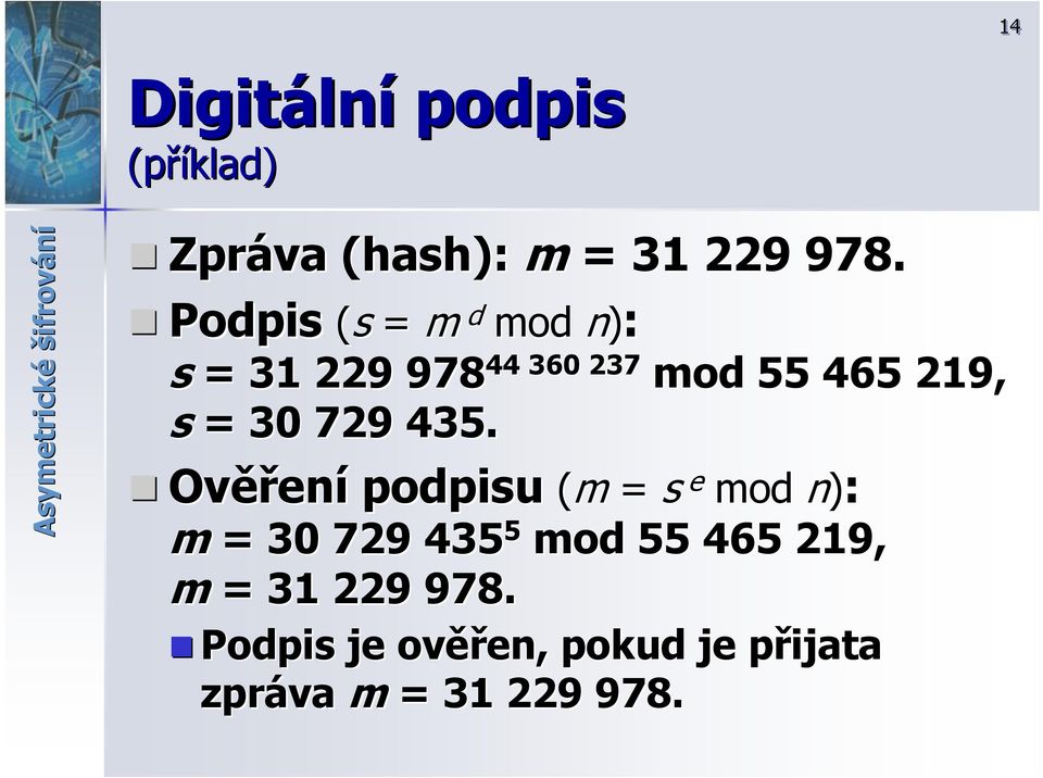 Podpis (s = m d mod mod n): s = 31 229 97844 360 237 mod 55 465 219, s = 30 729 435.