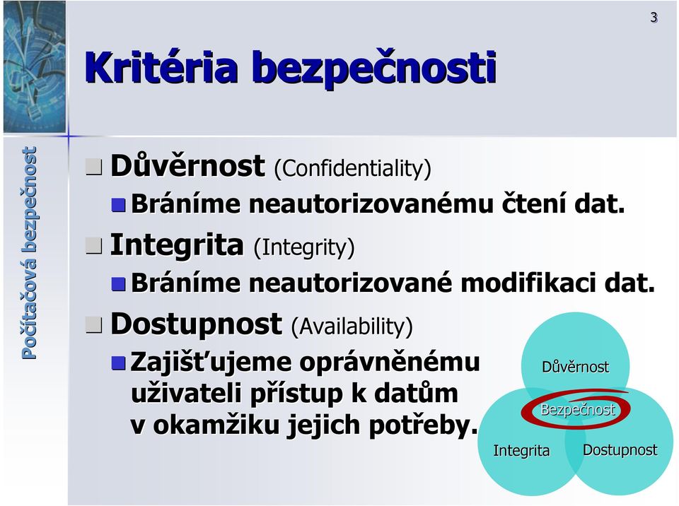 Integrita (Integrity) Integrita Bráníme neautorizované modifikaci dat.