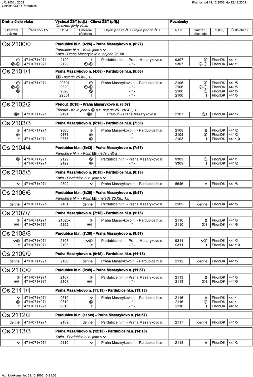 nejede 25.XII. 471+071+971 2129 Pardubice hl.n. - Praha Masarykovo n. 9307 PhonDK 441/1 471+071+971 2129 - '' - 9307 PhonDK 441/1 Os 2101/1 Praha Masarykovo n. (4:05) - Pardubice hl.n. (5:55) - nejede 25.