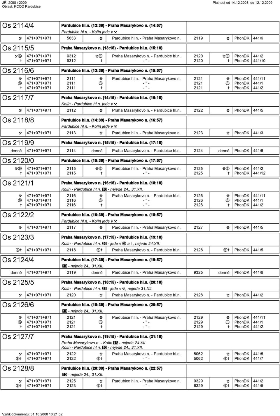 n. (13:39) - Praha Masarykovo n. (15:57) 471+071+971 2111 Pardubice hl.n. - Praha Masarykovo n. 2121 PhonDK 441/11 471+071+971 2111 - '' - 2121 PhonDK 441/1 471+071+971 2111 - '' - 2121 PhonDK 441/2 Os 2117/7 Praha Masarykovo n.