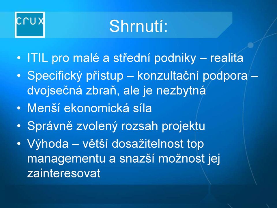 Menší ekonomická síla Správně zvolený rozsah projektu Výhoda