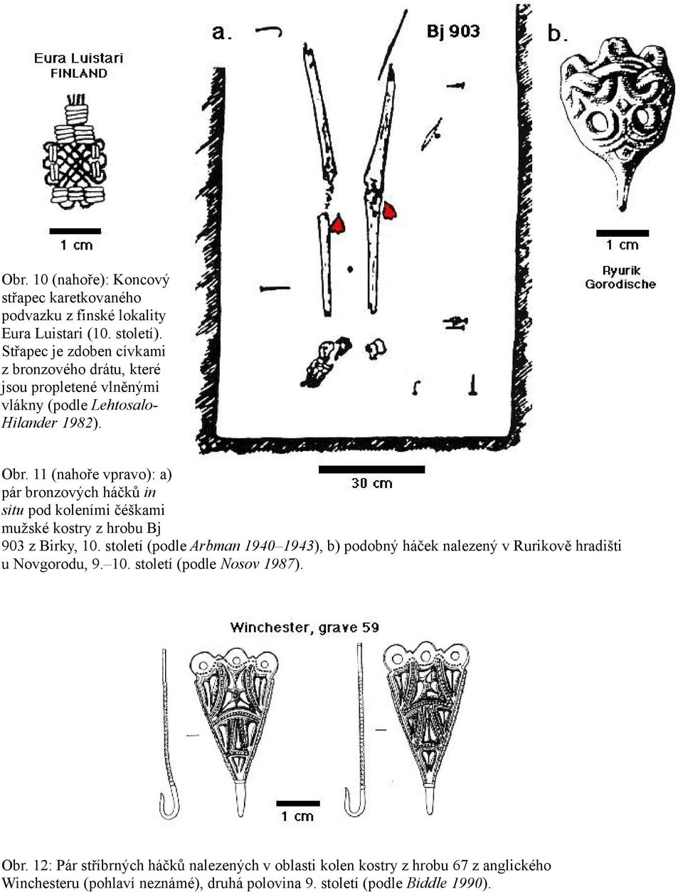 11 (nahoře vpravo): a) pár bronzových háčků in situ pod koleními čéškami mužské kostry z hrobu Bj 903 z Birky, 10.