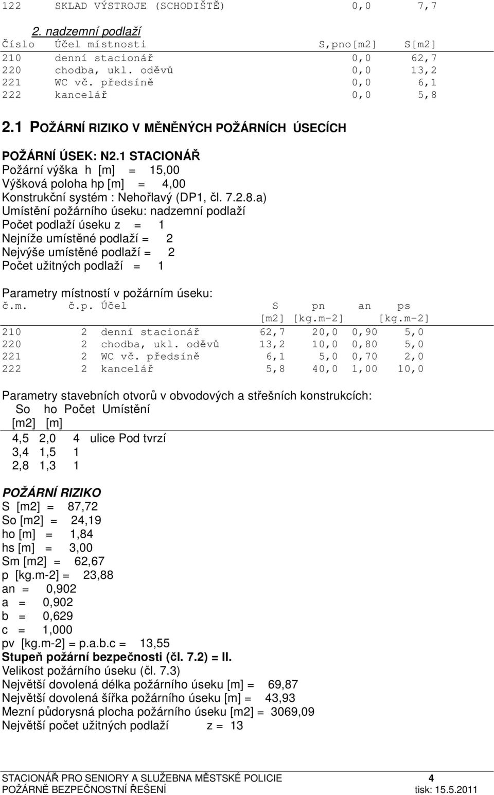 1 STACIONÁŘ Požární výška h [m] = 15,00 Výšková poloha hp [m] = 4,00 Konstrukční systém : Nehořlavý (DP1, čl. 7.2.8.