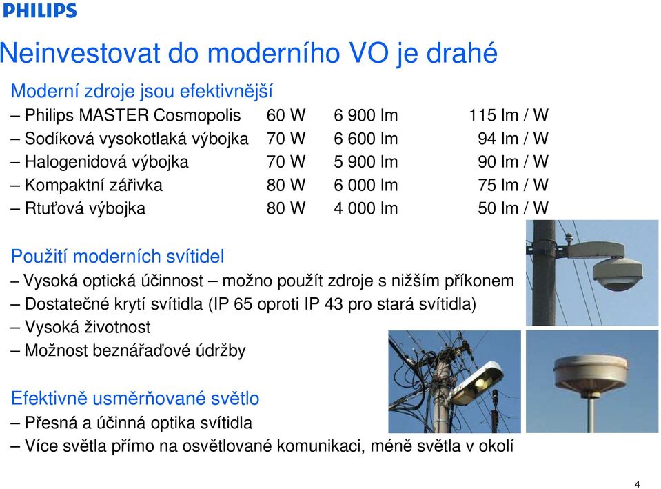 svítidel Vysoká optická účinnost možno použít zdroje s nižším příkonem Dostatečné krytí svítidla (IP 65 oproti IP 43 pro stará svítidla) Vysoká životnost Možnost