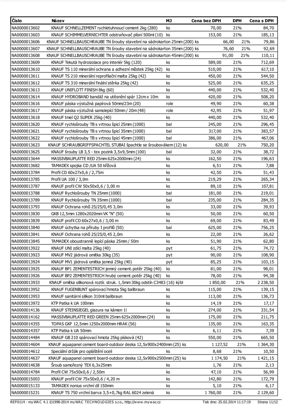 KNAUF SCHNELLBAUSCHRAUBE TN šrouby stavební na sádrokarton 45mm (200) ks 91,00 21% 110,11 NA0000013609 KNAUF Tekutá hydroizolace pro interiér 5kg (120) ks 589,00 21% 712,69 NA0000013610 KNAUF TS 110