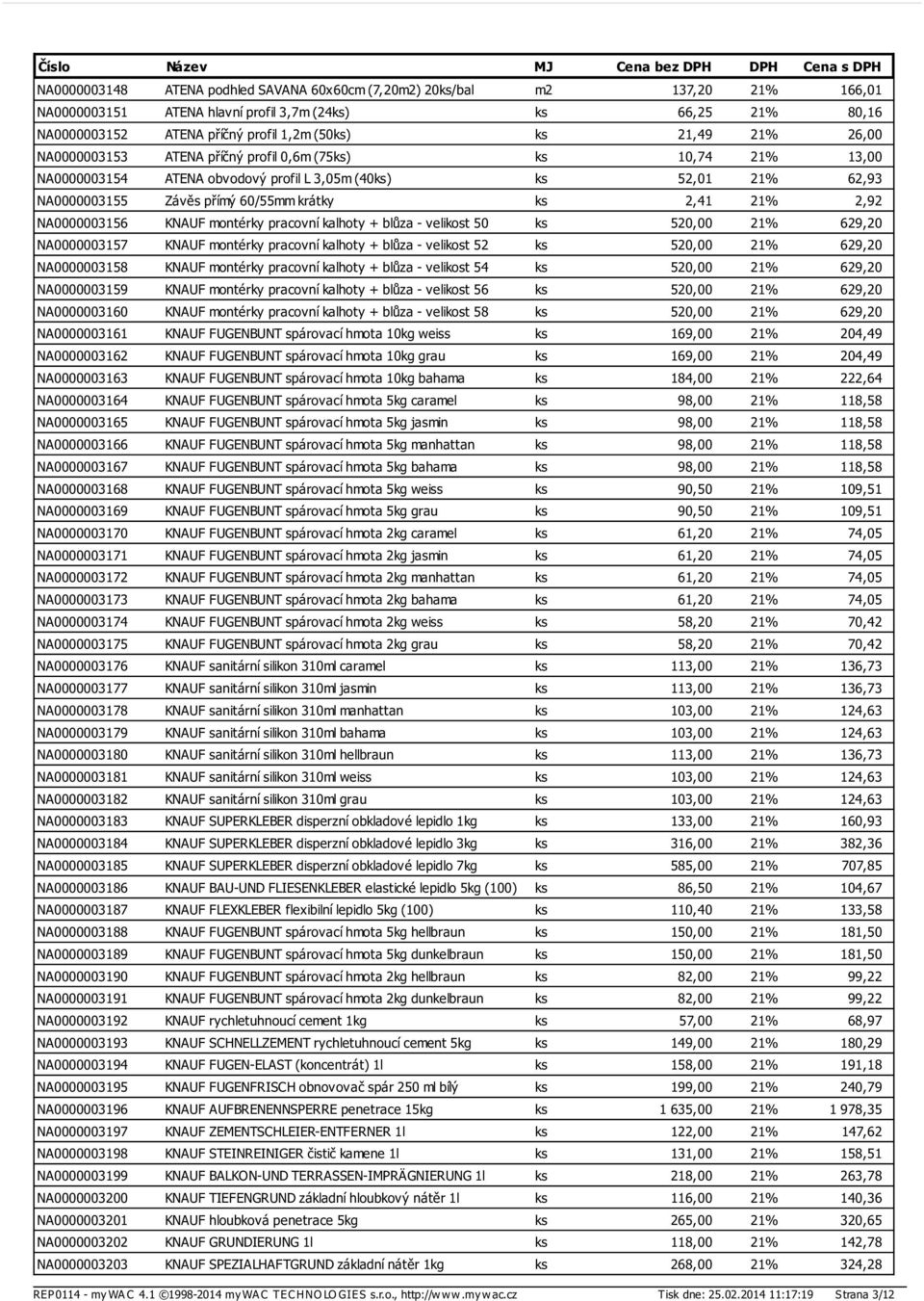 NA0000003156 KNAUF montérky pracovní kalhoty + blůza - velikost 50 ks 520,00 21% 629,20 NA0000003157 KNAUF montérky pracovní kalhoty + blůza - velikost 52 ks 520,00 21% 629,20 NA0000003158 KNAUF