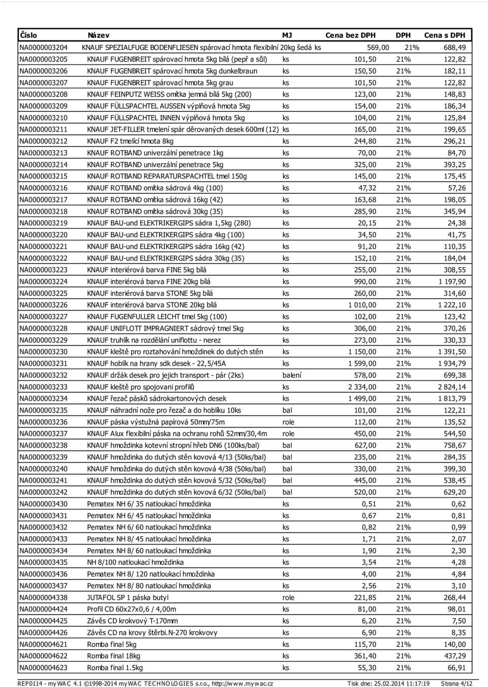 jemná bílá 5kg (200) ks 123,00 21% 148,83 NA0000003209 KNAUF FÜLLSPACHTEL AUSSEN výplňová hmota 5kg ks 154,00 21% 186,34 NA0000003210 KNAUF FÜLLSPACHTEL INNEN výplňová hmota 5kg ks 104,00 21% 125,84