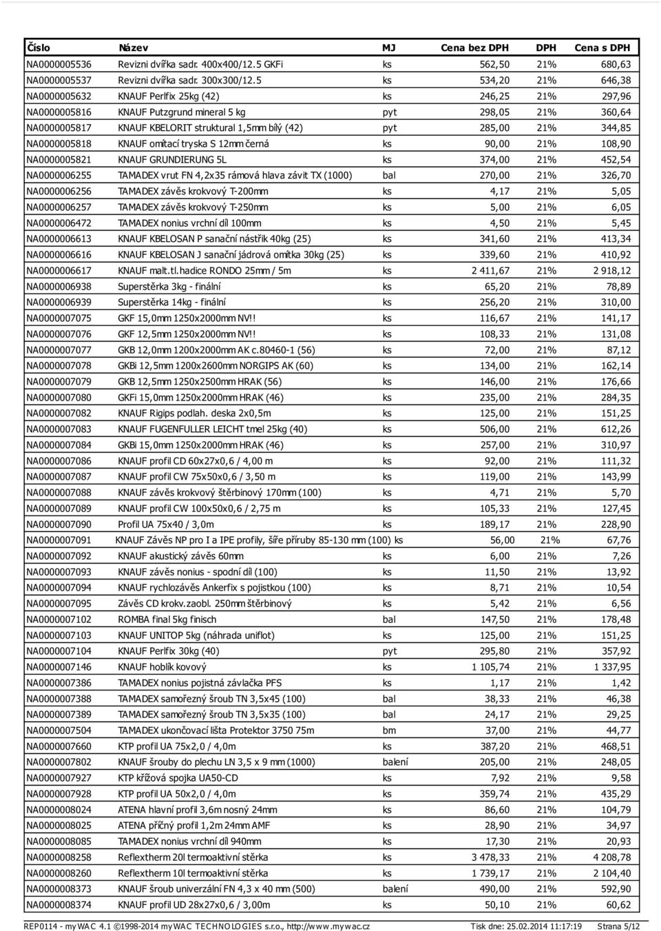 pyt 285,00 21% 344,85 NA0000005818 KNAUF omítací tryska S 12mm černá ks 90,00 21% 108,90 NA0000005821 KNAUF GRUNDIERUNG 5L ks 374,00 21% 452,54 NA0000006255 TAMADEX vrut FN 4,2x35 rámová hlava závit