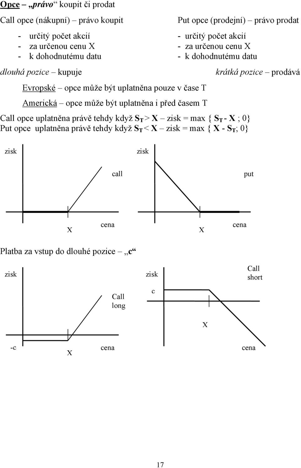 být uplatěa i před časem T all opce uplatěa právě tehdy když S T > X zisk = max { S T - X ; 0} Put opce uplatěa právě tehdy když S T < X zisk = max