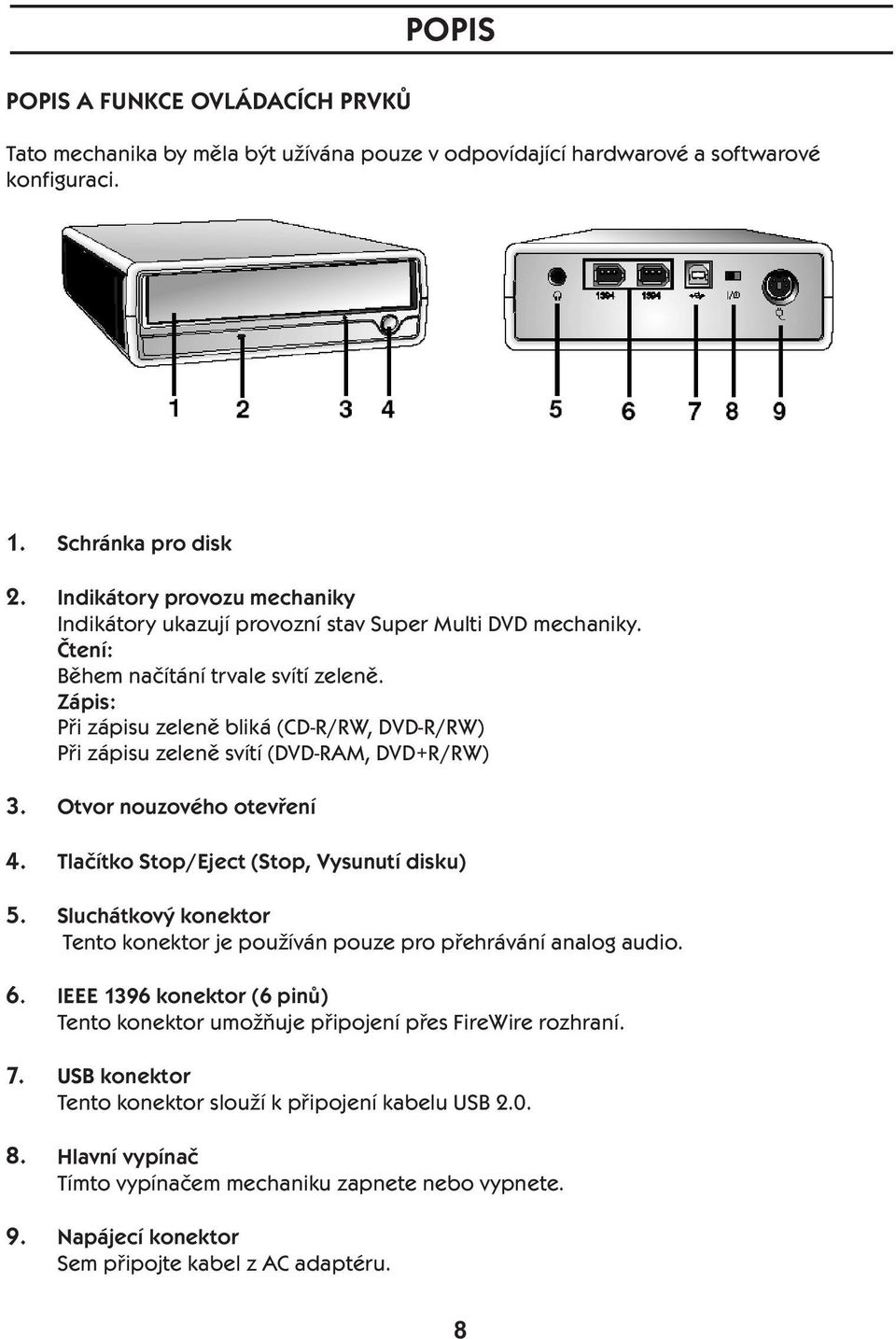 Zápis: Při zápisu zeleně bliká (CD-R/RW, DVD-R/RW) Při zápisu zeleně svítí (DVD-RAM, DVD+R/RW) Otvor nouzového otevření Tlačítko Stop/Eject (Stop, Vysunutí disku) Sluchátkový konektor Tento konektor
