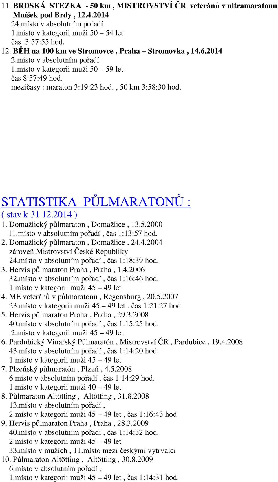 Domažlický půlmaraton, Domažlice, 13.5.2000 11.místo v absolutním pořadí, čas 1:13:57 hod. 2. Domažlický půlmaraton, Domažlice, 24.4.2004 zároveň Mistrovství České Republiky 24.