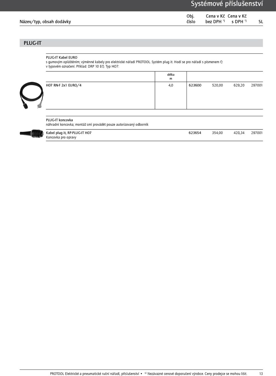 Typ HO7: H07 RN-F 2x1 EURO/4 4,0 623600 520,00 629,20 297001 délka m PLUG-IT koncovka náhradní koncovka; montáž smí provádět pouze