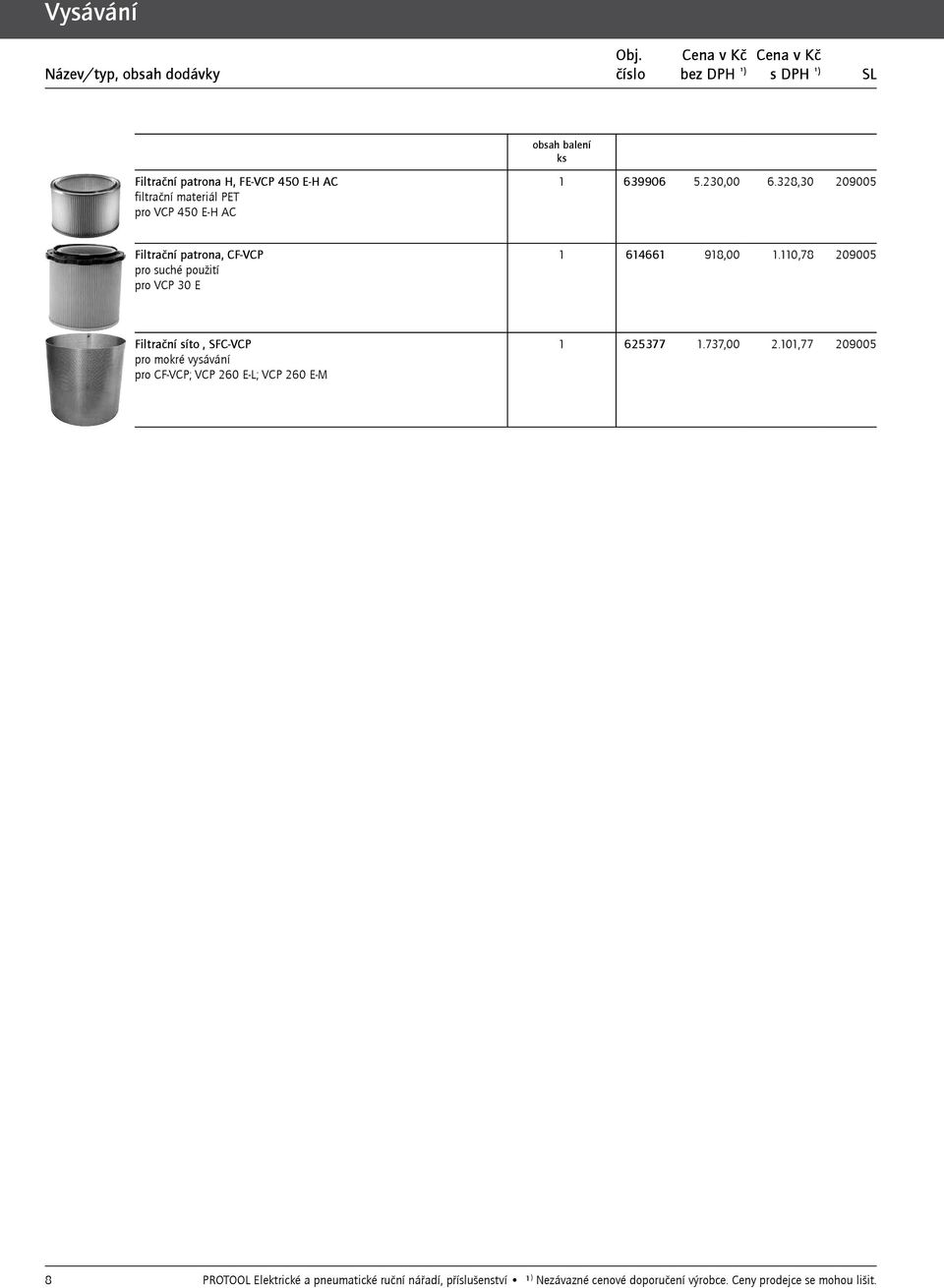 110,78 209005 Filtrační síto, SFC-VCP pro mokré vysávání pro CF-VCP; VCP 260 E-L; VCP 260 E-M 1 625377 1.737,00 2.