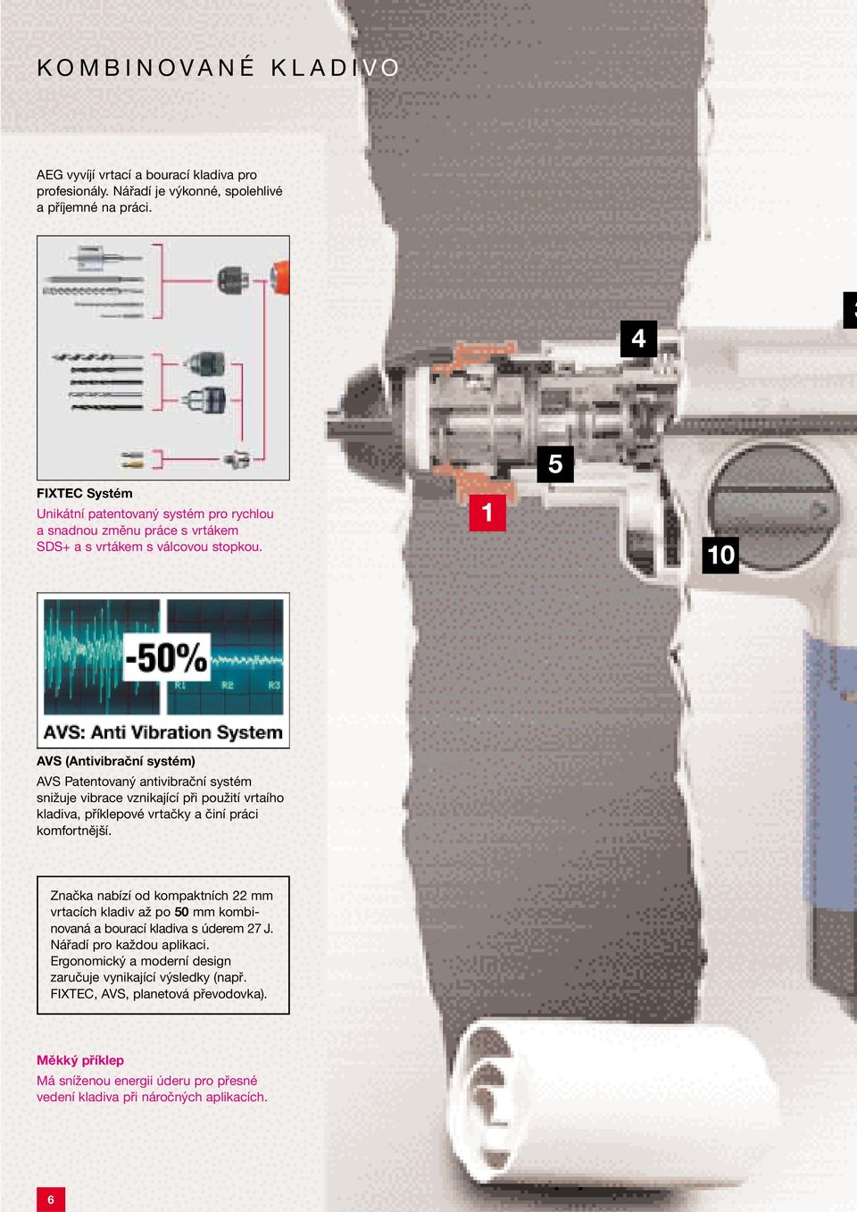 1 5 10 AVS (Antivibrační systém) AVS Patentovaný antivibrační systém snižuje vibrace vznikající při použití vrtaího kladiva, příklepové vrtačky a činí práci komfortnější.