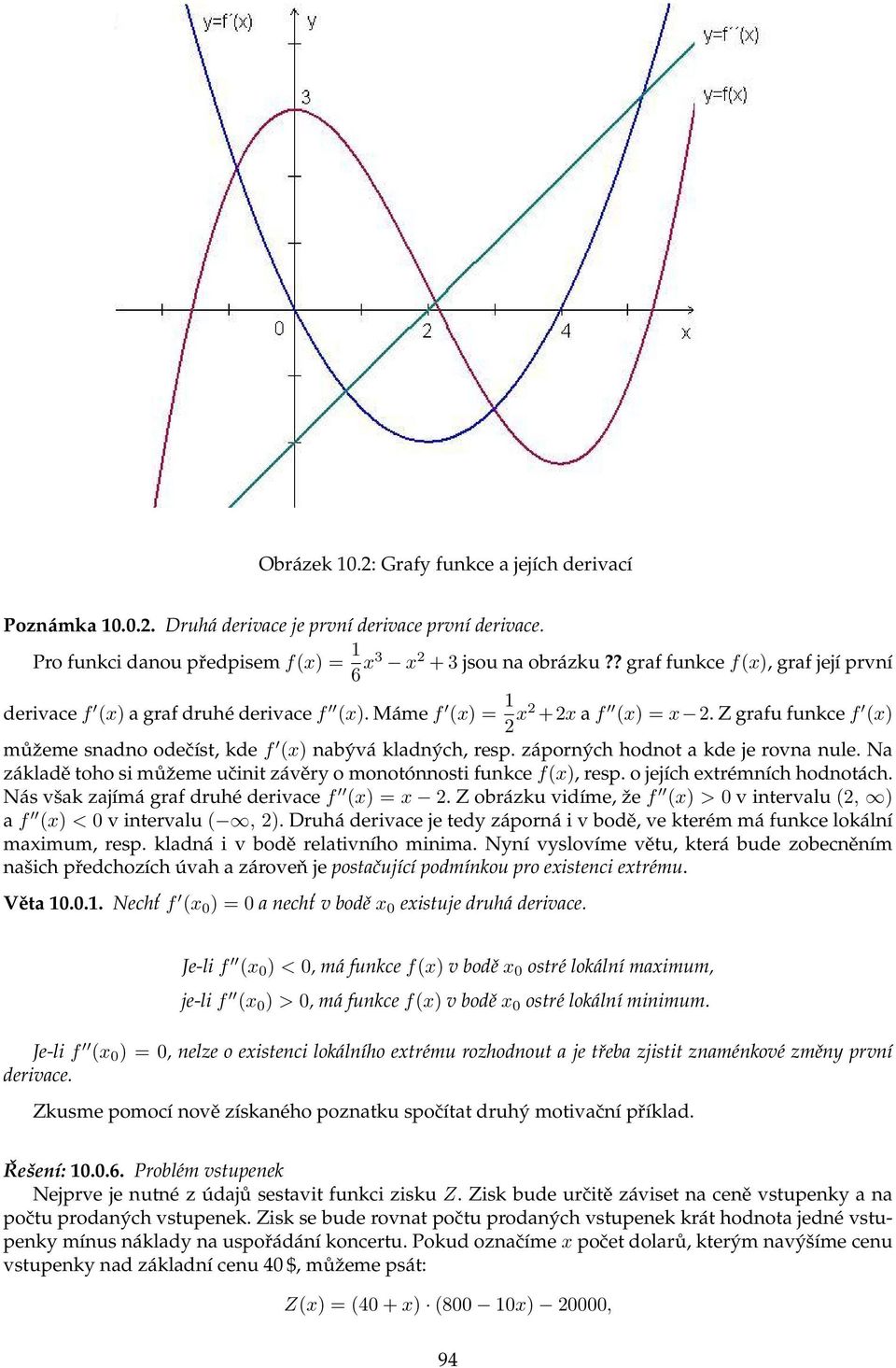 záporných hodnot a kde je rovna nule. Na základě toho si můˇzeme učinit závěry o monotónnosti funkce f(x), resp. o jejích extrémních hodnotách. Nás však zajímá graf druhé derivace f (x) = x 2.