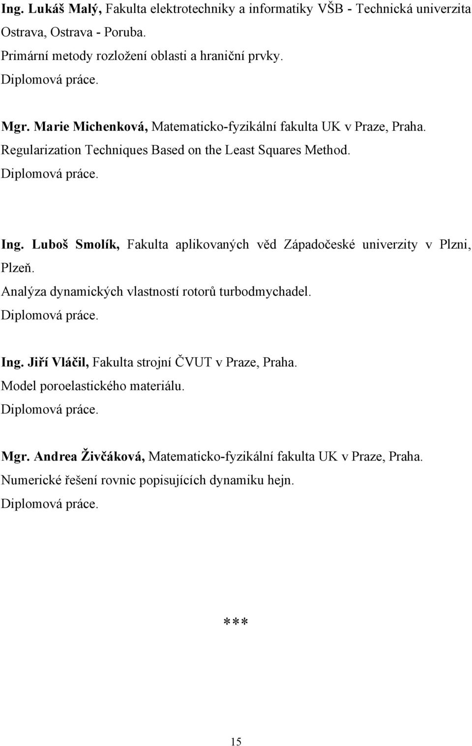 Luboš Smolík, Fakulta aplikovaných věd Západočeské univerzity v Plzni, Plzeň. Analýza dynamických vlastností rotorů turbodmychadel. Diplomová práce. Ing.