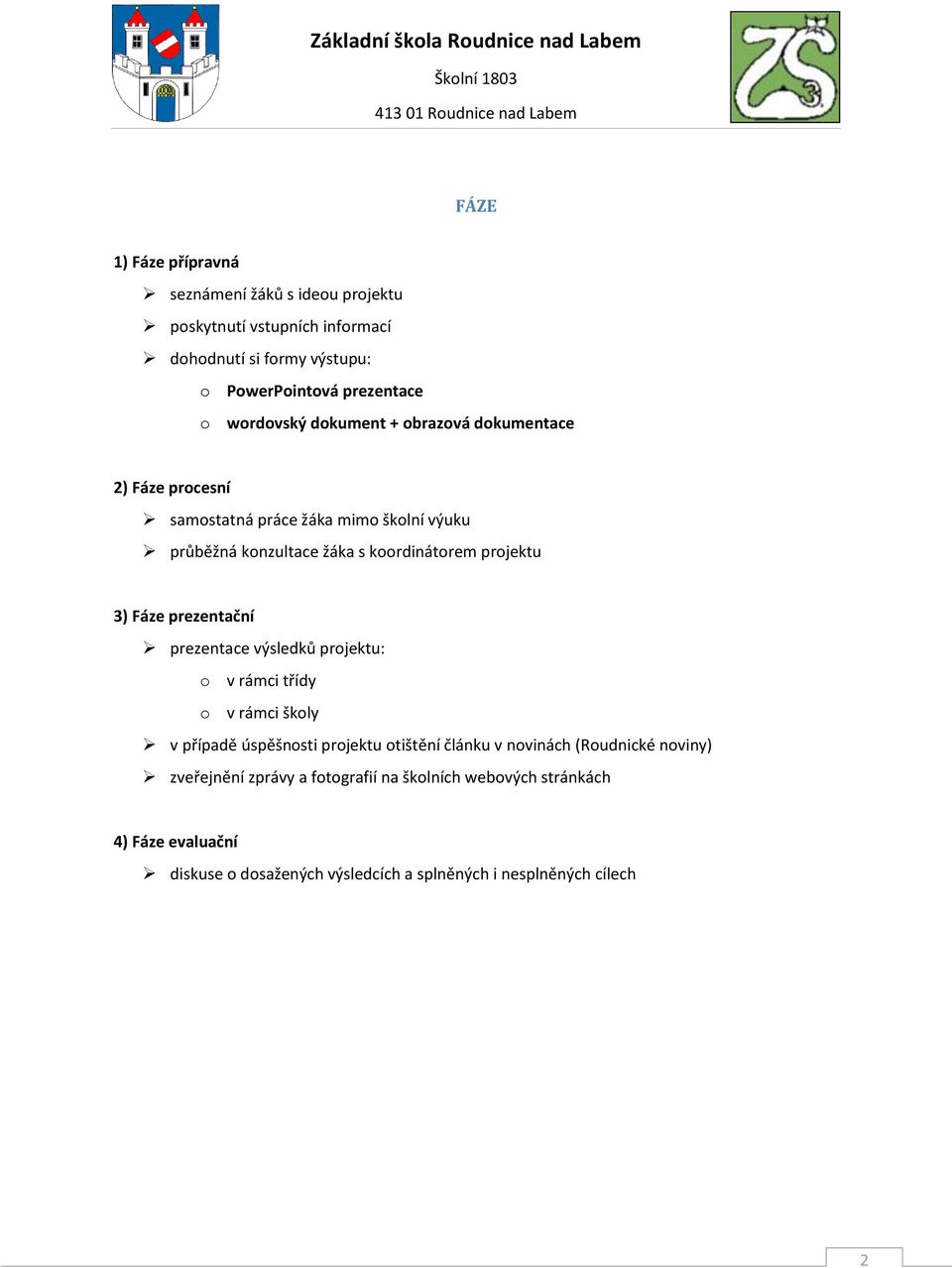 3) Fáze prezentační prezentace výsledků projektu: o v rámci třídy o v rámci školy v případě úspěšnosti projektu otištění článku v novinách