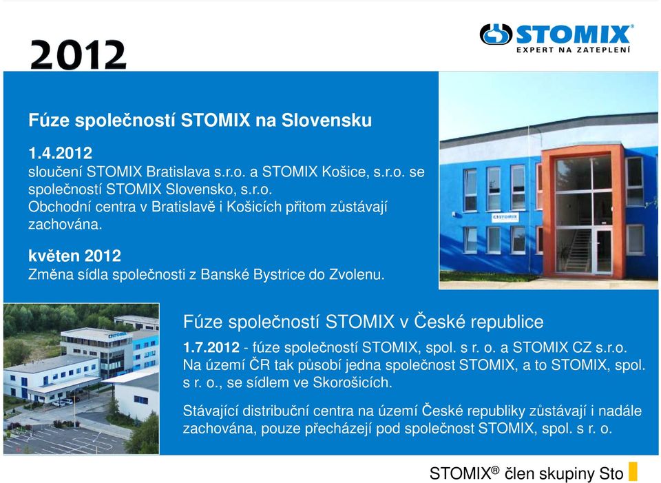 a STOMIX CZ s.r.o. Na území ČR tak působí jedna společnost STOMIX, a to STOMIX, spol. s r. o., se sídlem ve Skorošicích.