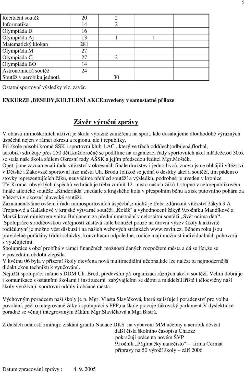 EXKURZE,BESEDY,KULTURNÍ AKCE:uvedeny v samostatné příloze Závěr výroční zprávy V oblasti mimoškolních aktivit je škola výrazně zaměřena na sport, kde dosahujeme dlouhodobě výrazných úspěchů nejen v