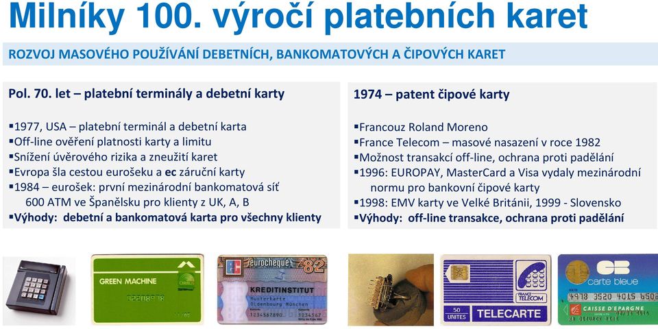 záruční karty 1984 eurošek: první mezinárodní bankomatová síť 600 ATM ve Španělsku pro klienty z UK, A, B Výhody: debetní a bankomatová karta pro všechny klienty 1974 patent čipové karty Francouz