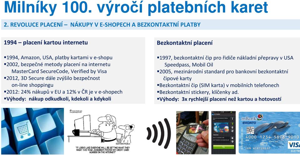 MasterCard SecureCode, Verified by Visa 2012, 3D Secure dále zvýšilo bezpečnost on-line shoppingu 2012: 24% nákupův EU a 12% v ČR je v e-shopech Výhody: nákup odkudkoli,