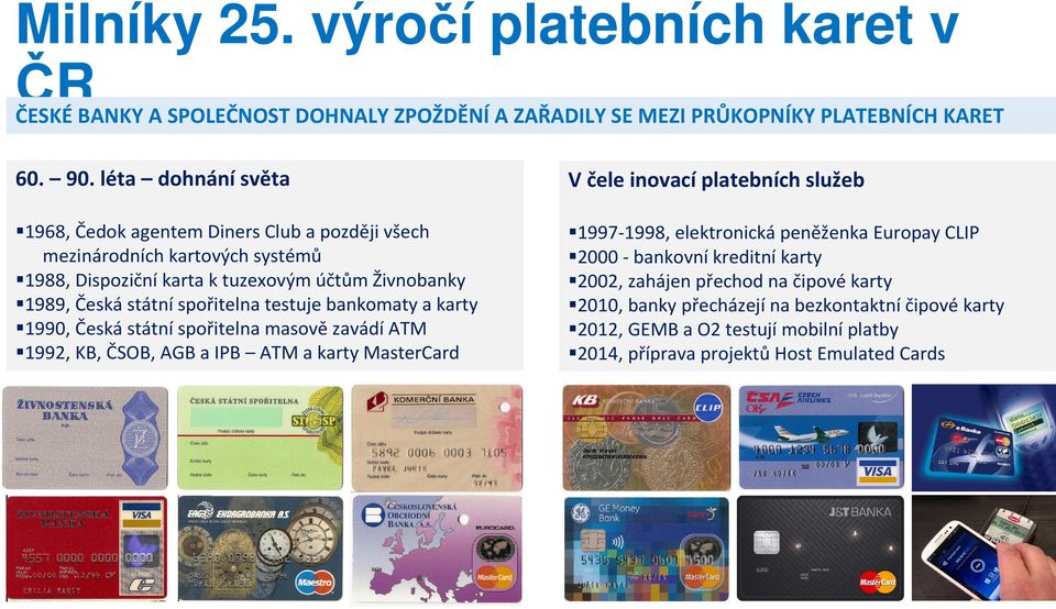 testuje bankomaty a karty 1990, Česká státní spořitelna masově zavádí ATM 1992, KB, ČSOB, AGB a IPB ATM a karty MasterCard V čele inovací platebních služeb 1997-1998, elektronická