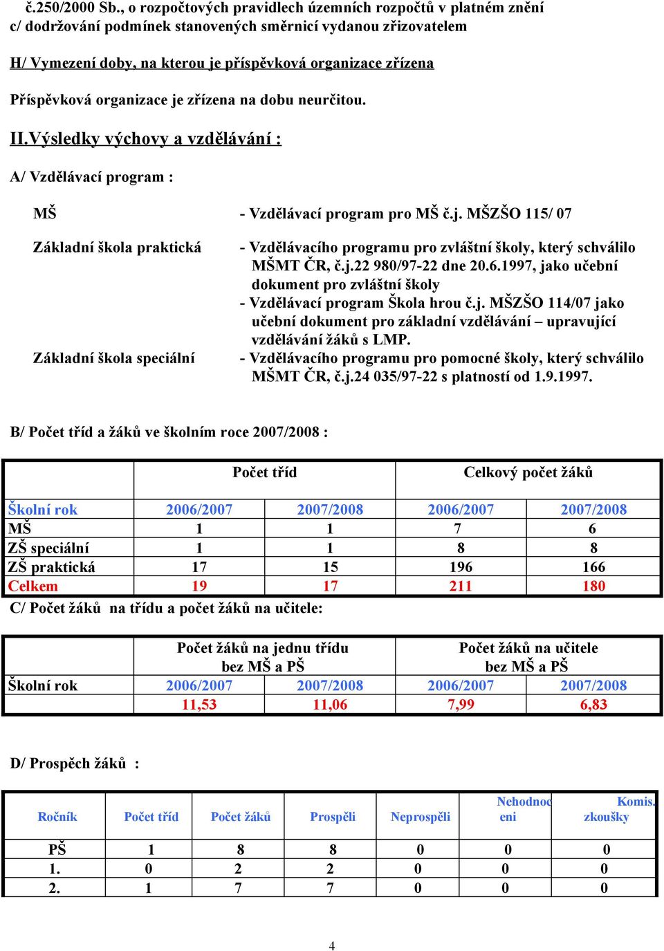 Příspěvková organizace je zřízena na dobu neurčitou. II.Výsledky výchovy a vzdělávání : A/ Vzdělávací program : MŠ - Vzdělávací program pro MŠ č.j. MŠZŠO 115/ 07 Základní škola praktická Základní škola speciální - Vzdělávacího programu pro zvláštní školy, který schválilo MŠMT ČR, č.