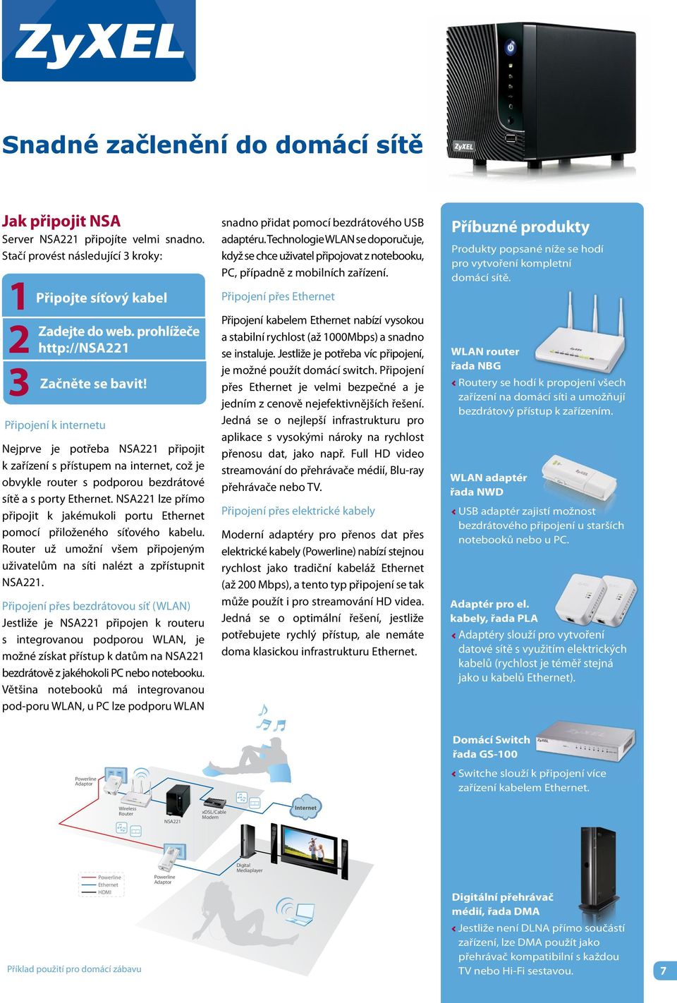 NSA221 lze přímo připojit k jakémukoli portu Ethernet pomocí přiloženého síťového kabelu. Router už umožní všem připojeným uživatelům na síti nalézt a zpřístupnit NSA221.