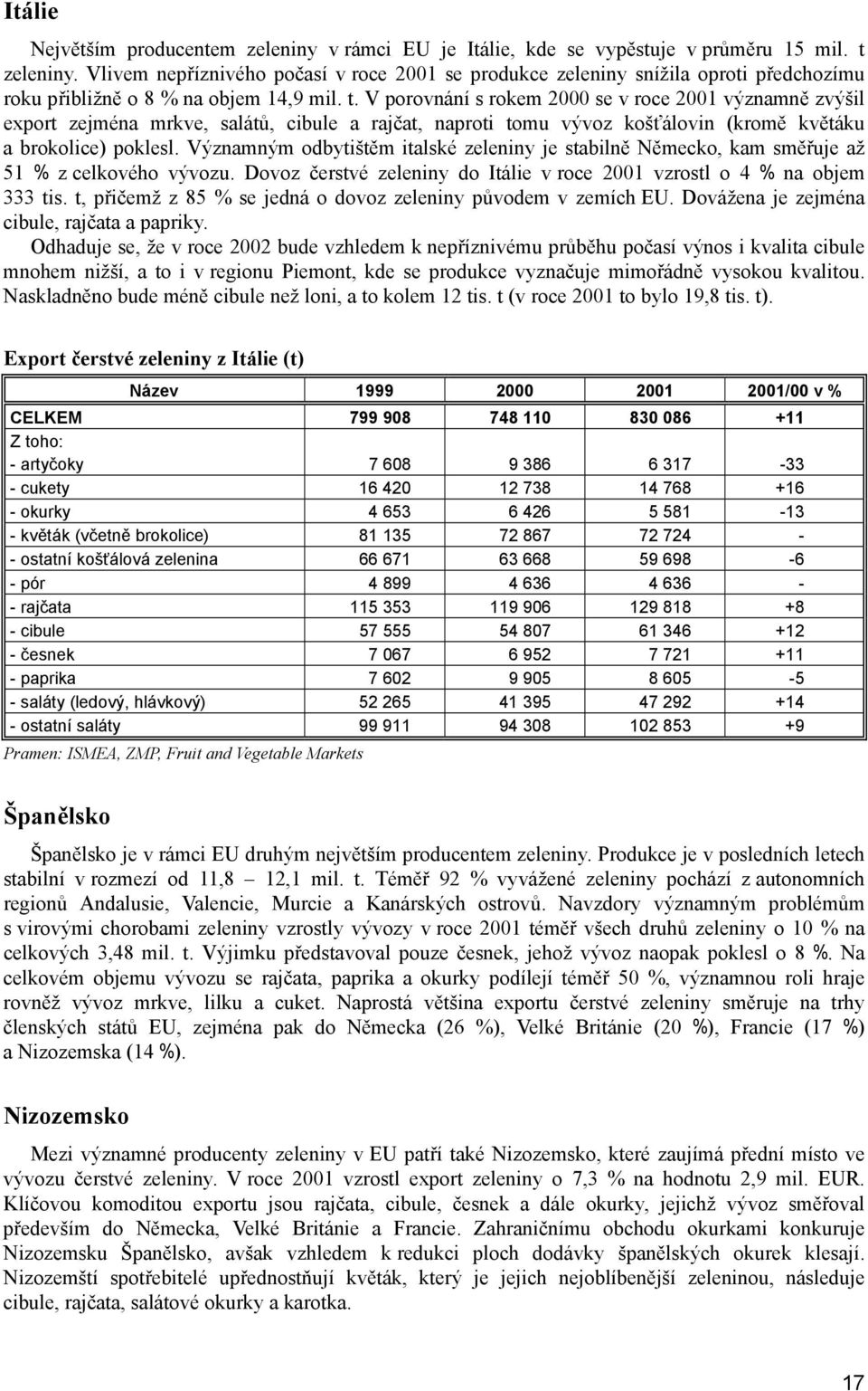 V porovnání s rokem 2000 se v roce 2001 významně zvýšil export zejména mrkve, salátů, cibule a rajčat, naproti tomu vývoz košťálovin (kromě květáku a brokolice) poklesl.