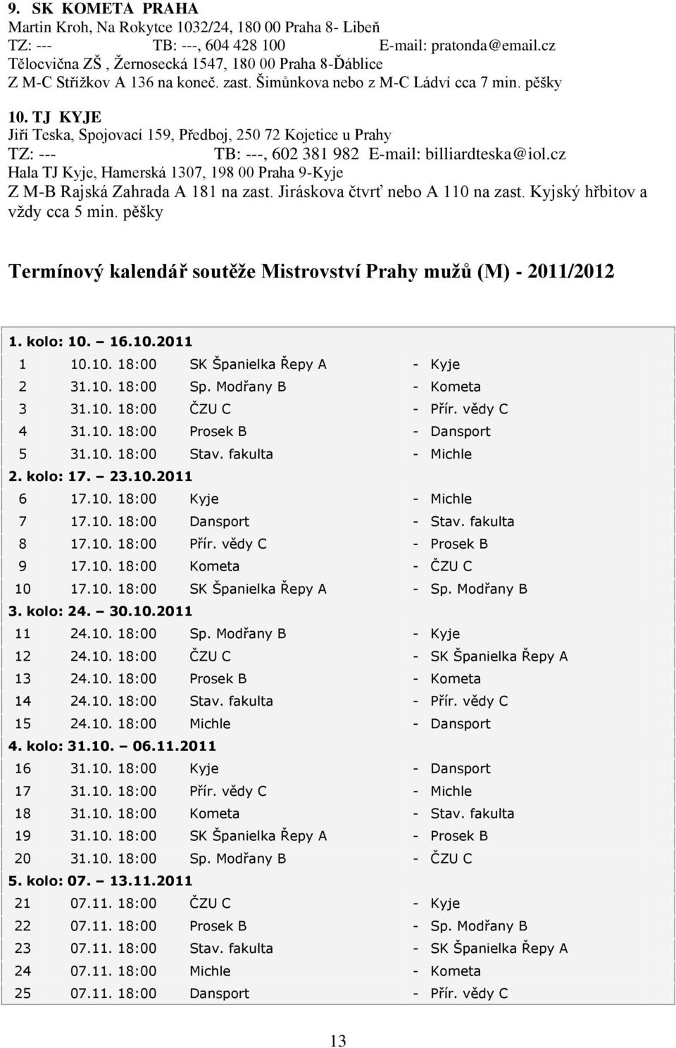 TJ KYJE Jiří Teska, Spojovací 159, Předboj, 250 72 Kojetice u Prahy TZ: --- TB: ---, 602 381 982 E-mail: billiardteska@iol.