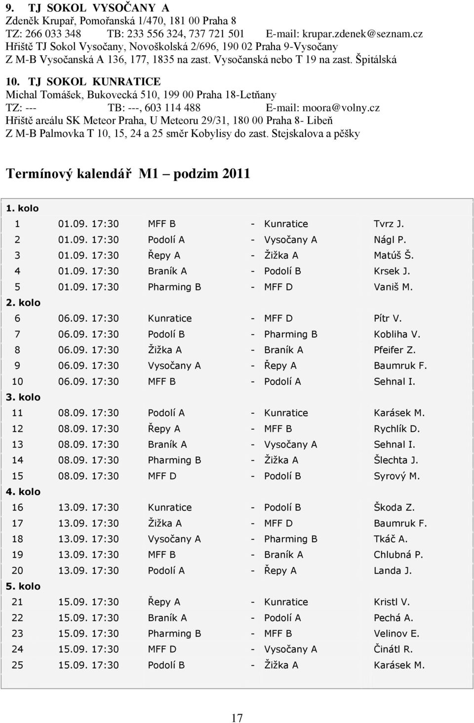 TJ SOKOL KUNRATICE Michal Tomášek, Bukovecká 510, 199 00 Praha 18-Letňany TZ: --- TB: ---, 603 114 488 E-mail: moora@volny.