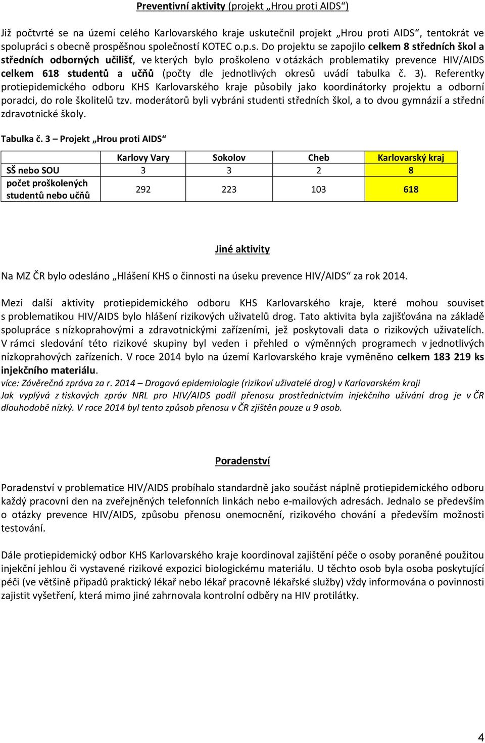 uvádí tabulka č. 3). Referentky protiepidemického odboru KHS Karlovarského kraje působily jako koordinátorky projektu a odborní poradci, do role školitelů tzv.