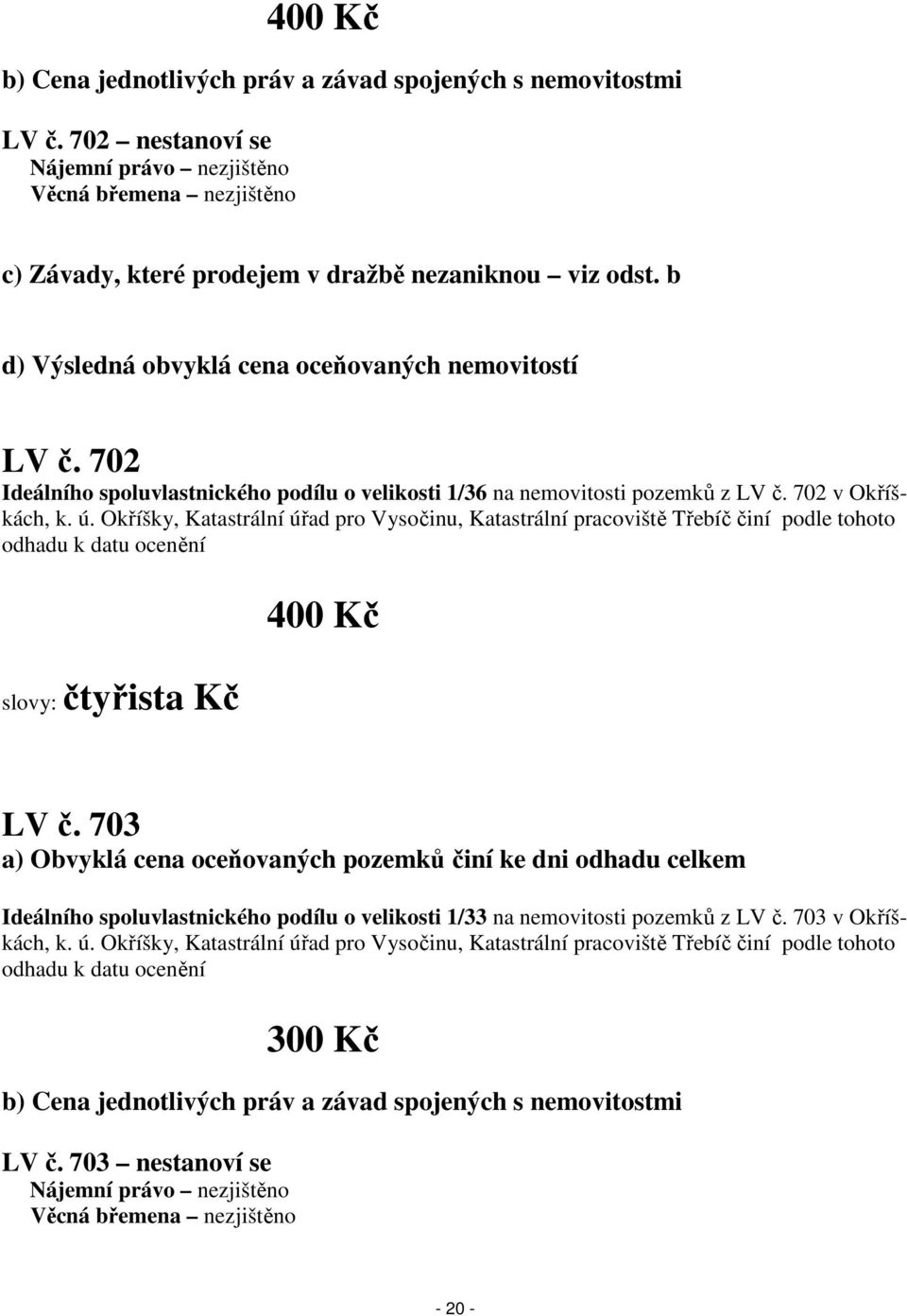 Okříšky, Katastrální úřad pro Vysočinu, Katastrální pracoviště Třebíč činí podle tohoto odhadu k datu ocenění slovy: čtyřista Kč 400 Kč LV č.