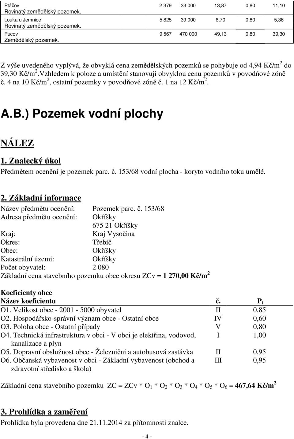 4 na 10 Kč/m 2, ostatní pozemky v povodňové zóně č. 1 na 12 Kč/m 2. A.B.) Pozemek vodní plochy NÁLEZ 1. Znalecký úkol Předmětem ocenění je pozemek parc. č. 153/68 vodní plocha - koryto vodního toku umělé.