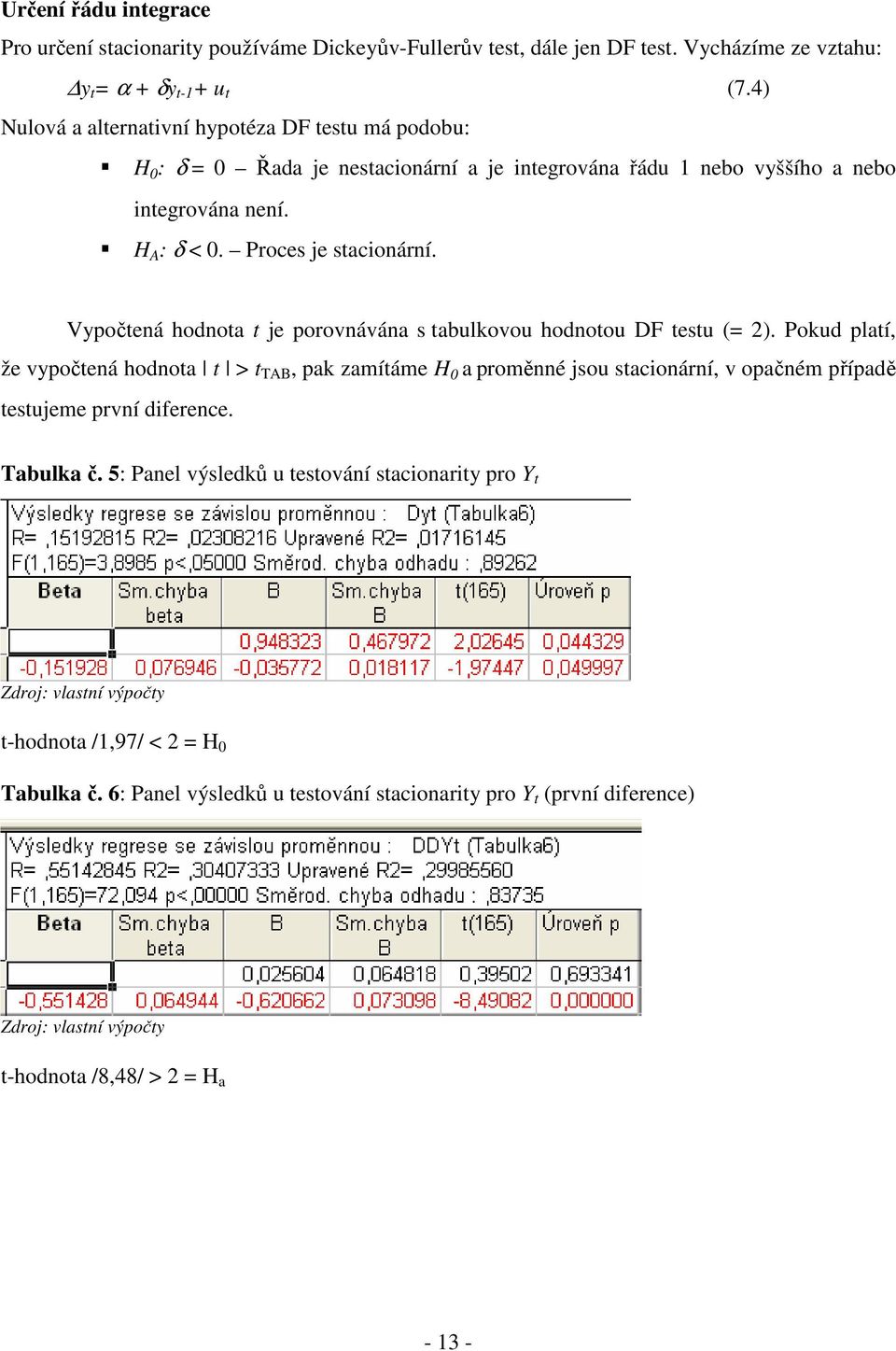 Vypočtená hodnota t je porovnávána s tabulkovou hodnotou DF testu (= 2).