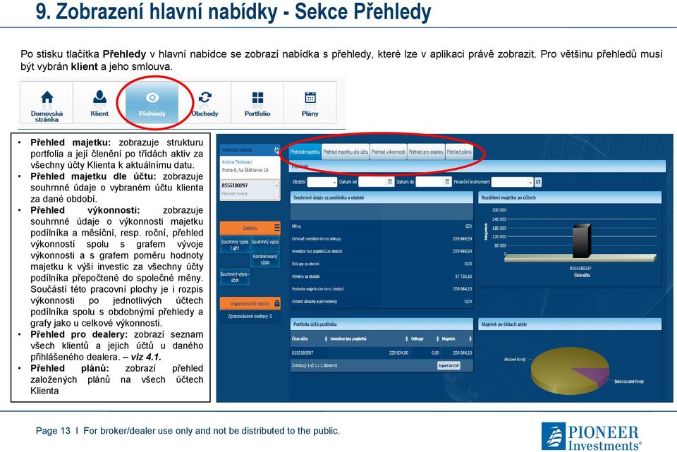Přehled majetku dle účtu: zobrazuje souhrnné údaje o vybraném účtu klienta za dané období. Přehled výkonnosti: zobrazuje souhrnné údaje o výkonnosti majetku podílníka a měsíční, resp.