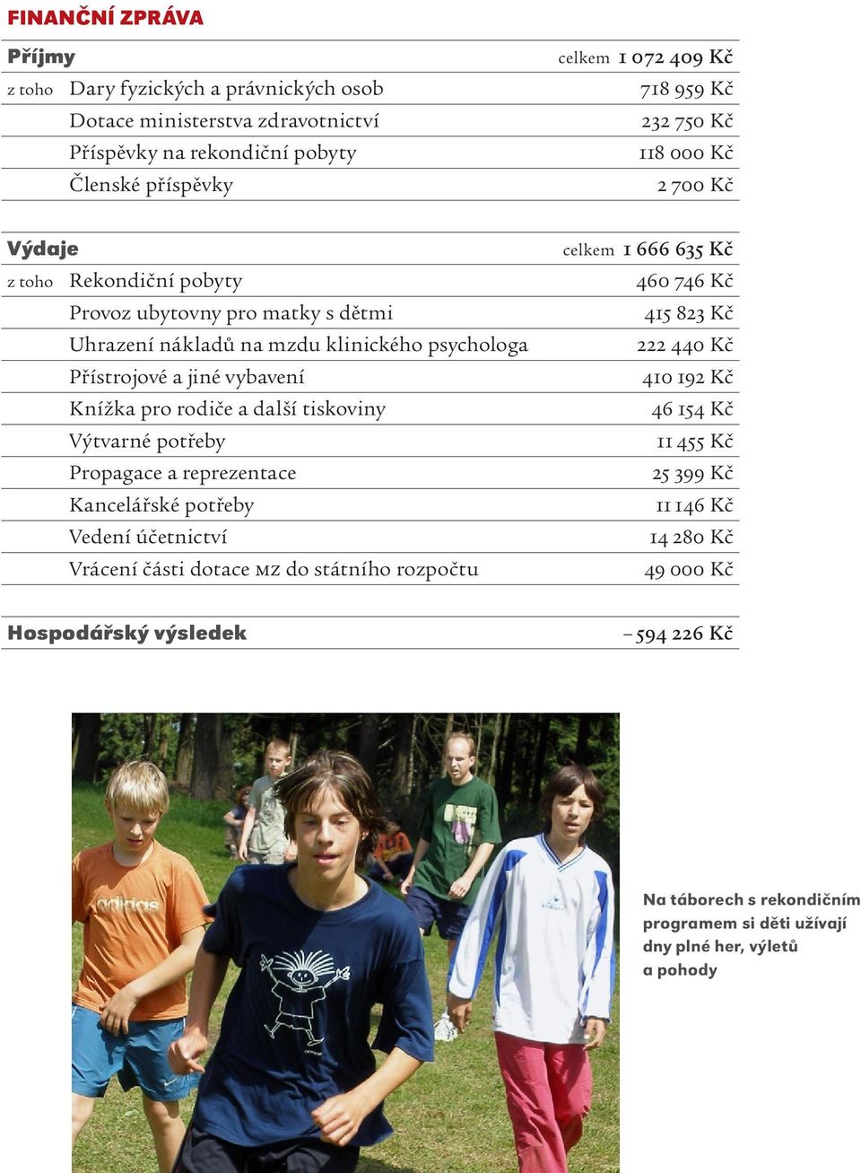 další tiskoviny Výtvarné potřeby Propagace a reprezentace Kancelářské potřeby Vedení účetnictví Vrácení části dotace MZ do státního rozpočtu celkem 1 666 635 Kč 460 746 Kč 415 823 Kč 222