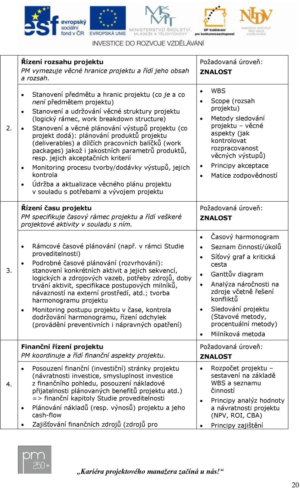 plánování produktů (deliverables) a dílčích pracovních balíčků (work packages) jakoţ i jakostních parametrů produktů, resp.