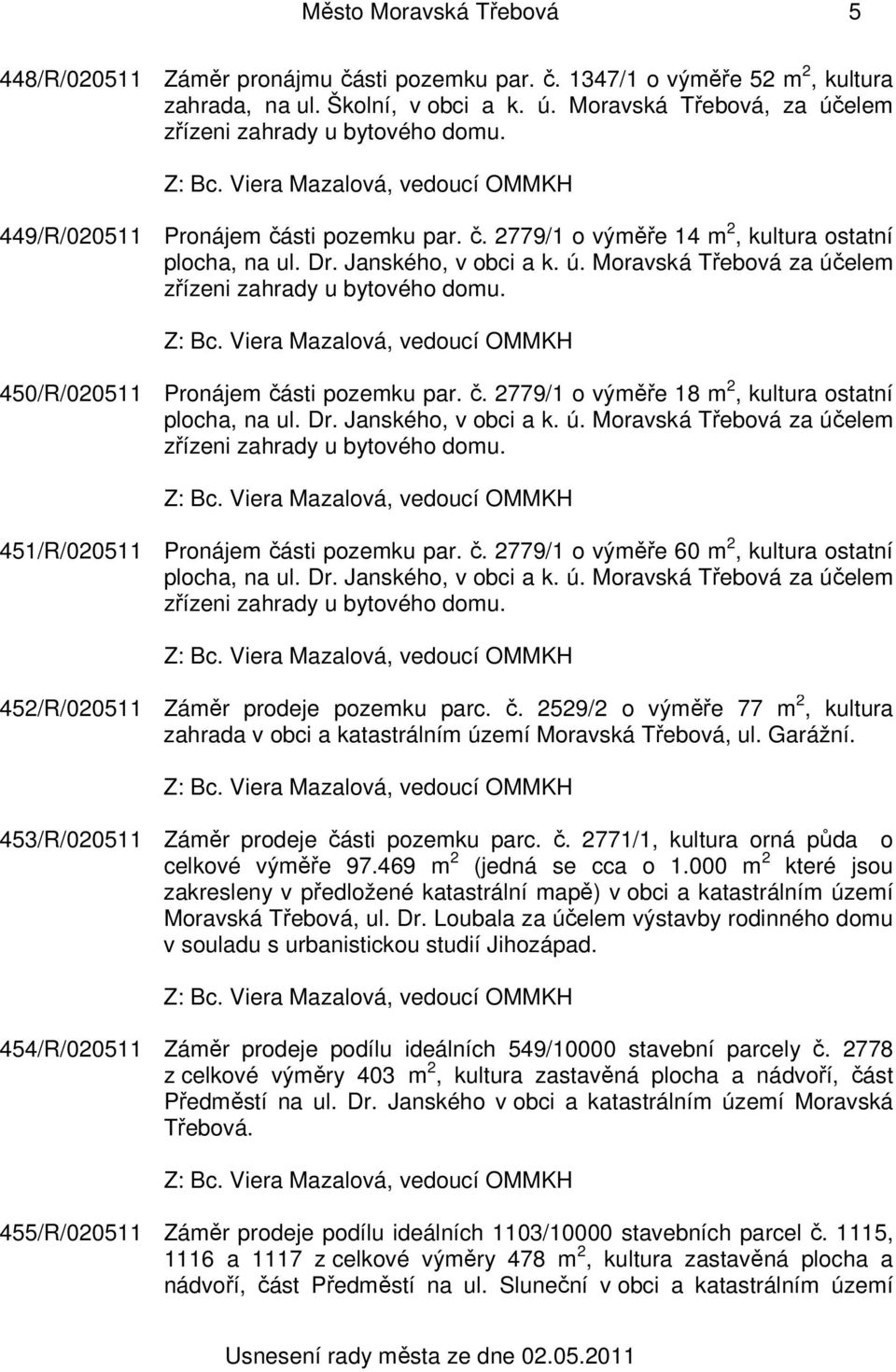 450/R/020511 Pronájem části pozemku par. č. 2779/1 o výměře 18 m 2, kultura ostatní plocha, na ul. Dr. Janského, v obci a k. ú. Moravská Třebová za účelem zřízeni zahrady u bytového domu.