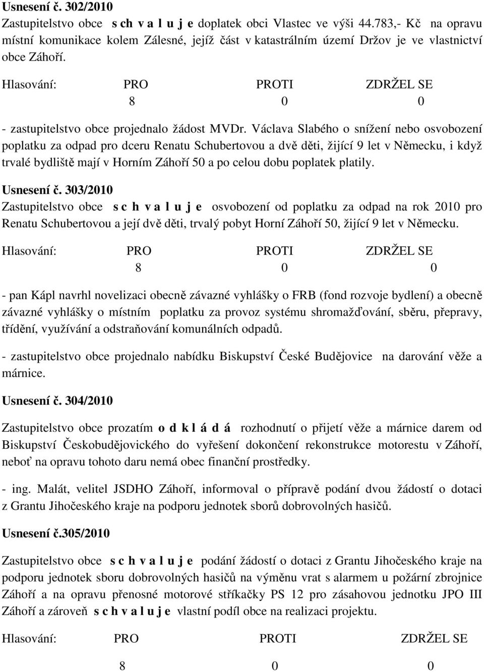 Václava Slabého o snížení nebo osvobození poplatku za odpad pro dceru Renatu Schubertovou a dvě děti, žijící 9 let v Německu, i když trvalé bydliště mají v Horním Záhoří 50 a po celou dobu poplatek