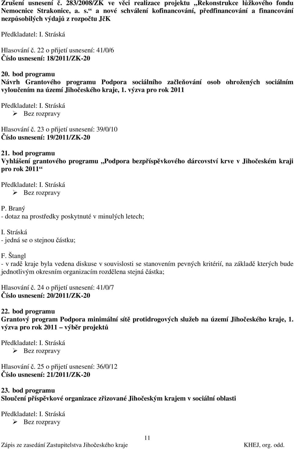 bod programu Návrh Grantového programu Podpora sociálního začleňování osob ohrožených sociálním vyloučením na území Jihočeského kraje, 1. výzva pro rok 2011 Předkladatel: I. Stráská Hlasování č.