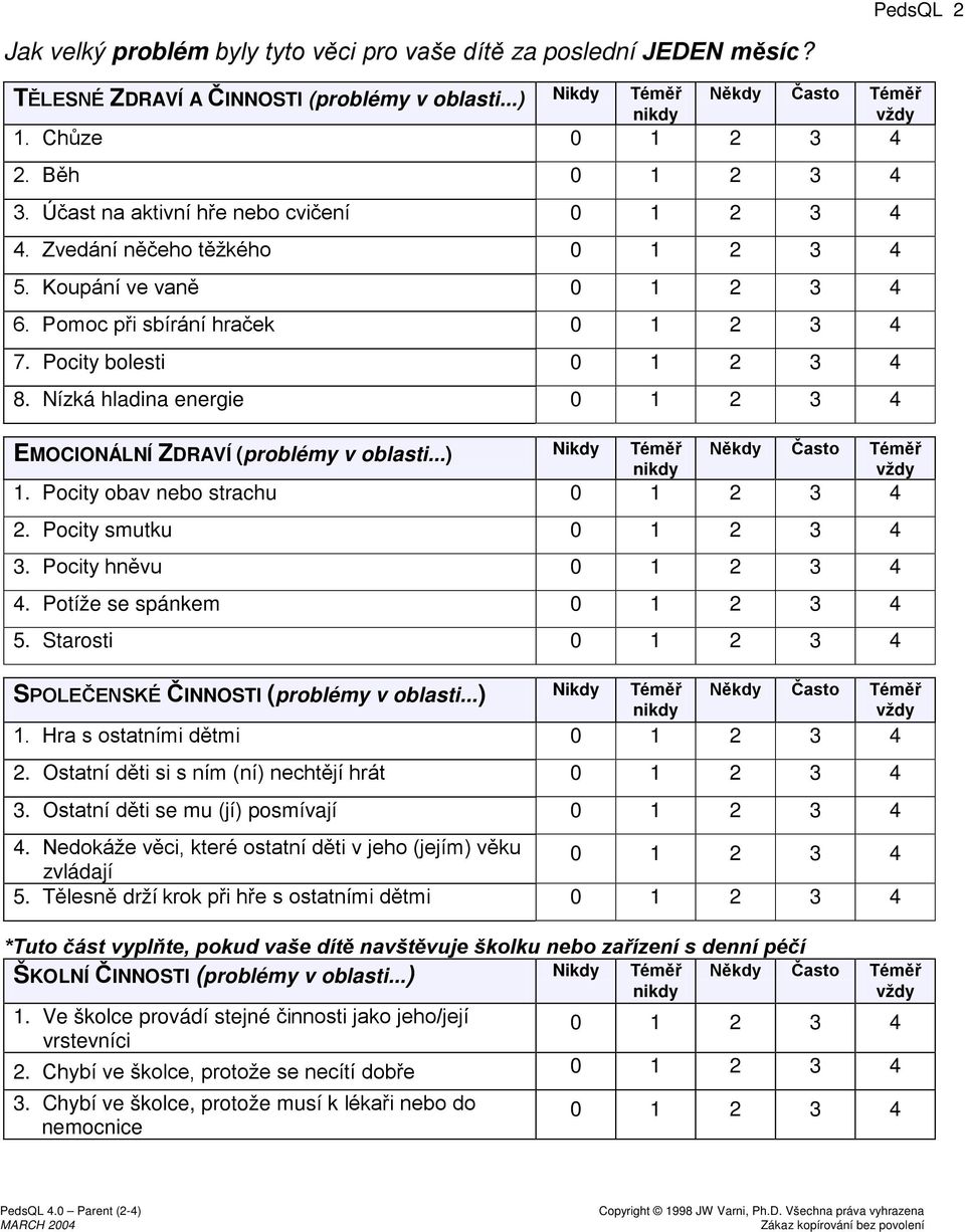 Pocity smutku 3. Pocity hněvu 4. Potíže se spánkem 5. Starosti SPOLEČENSKÉ ČINNOSTI (problémy v oblasti...) Nikdy Téměř 1. Hra s ostatními dětmi 2. Ostatní děti si s ním (ní) nechtějí hrát 3.