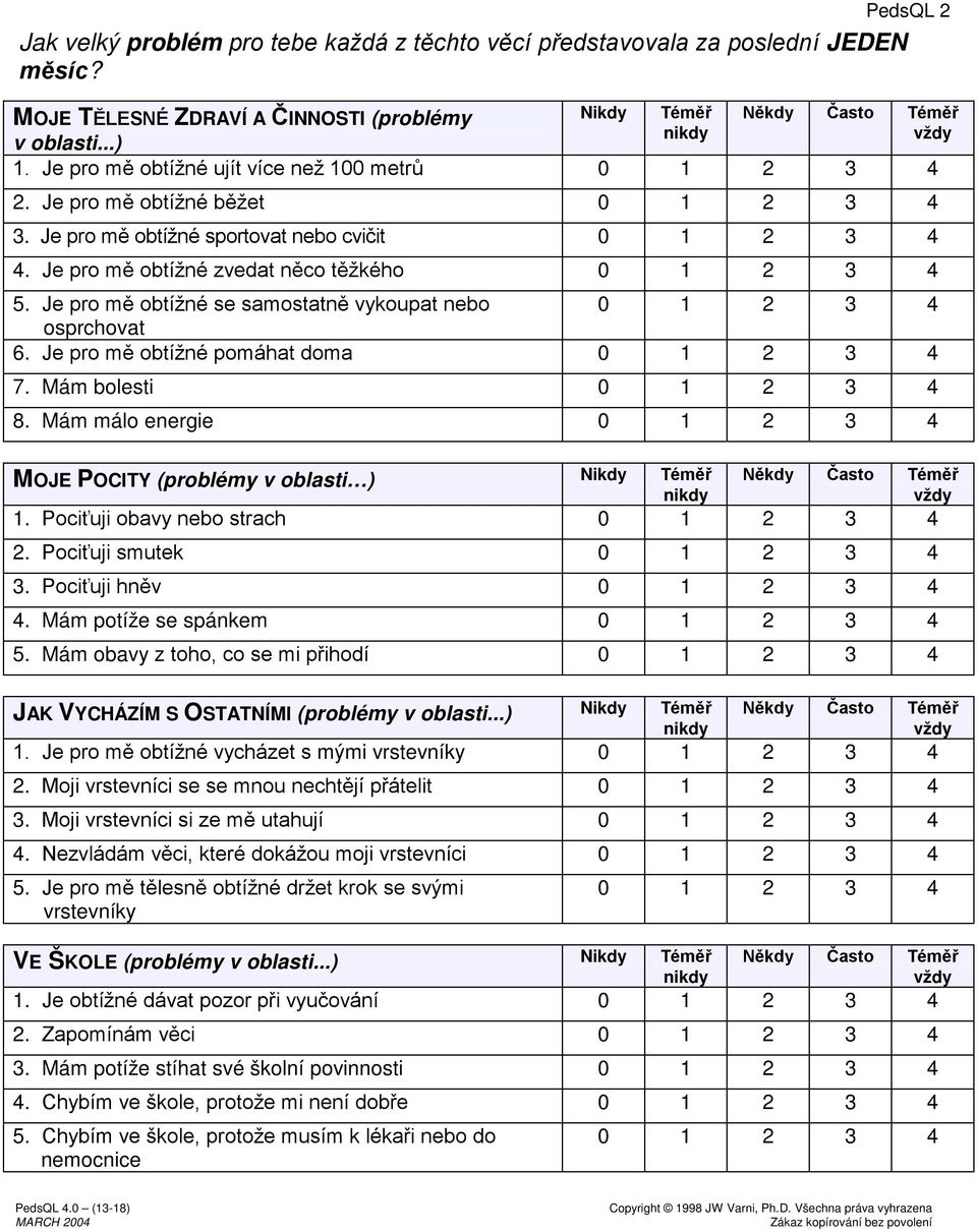 Je pro mě obtížné se samostatně vykoupat nebo osprchovat 6. Je pro mě obtížné pomáhat doma 7. Mám bolesti 8. Mám málo energie MOJE POCITY (problémy v oblasti ) Nikdy Téměř 1.