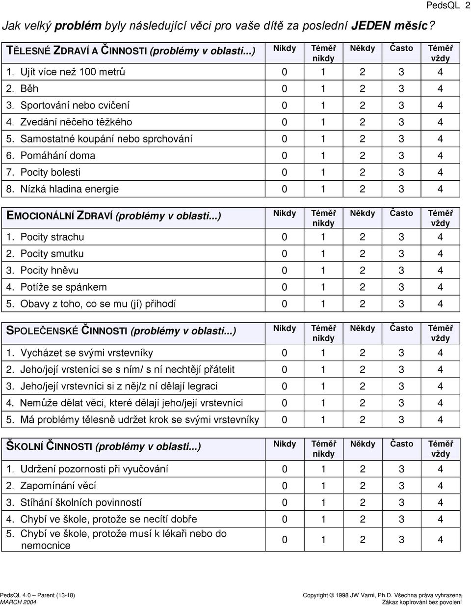 ..) Nikdy Téměř 1. Pocity strachu 2. Pocity smutku 3. Pocity hněvu 4. Potíže se spánkem 5. Obavy z toho, co se mu (jí) přihodí SPOLEČENSKÉ ČINNOSTI (problémy v oblasti...) Nikdy Téměř 1. Vycházet se svými vrstevníky 2.