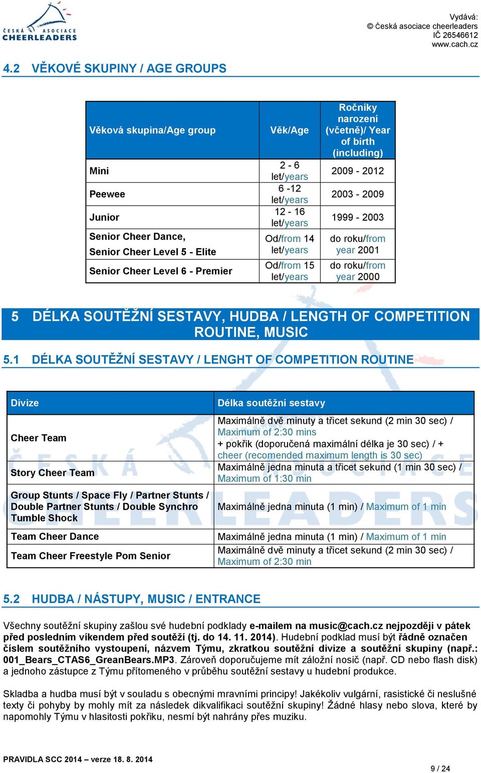 SESTAVY, HUDBA / LENGTH OF COMPETITION ROUTINE, MUSIC 5.