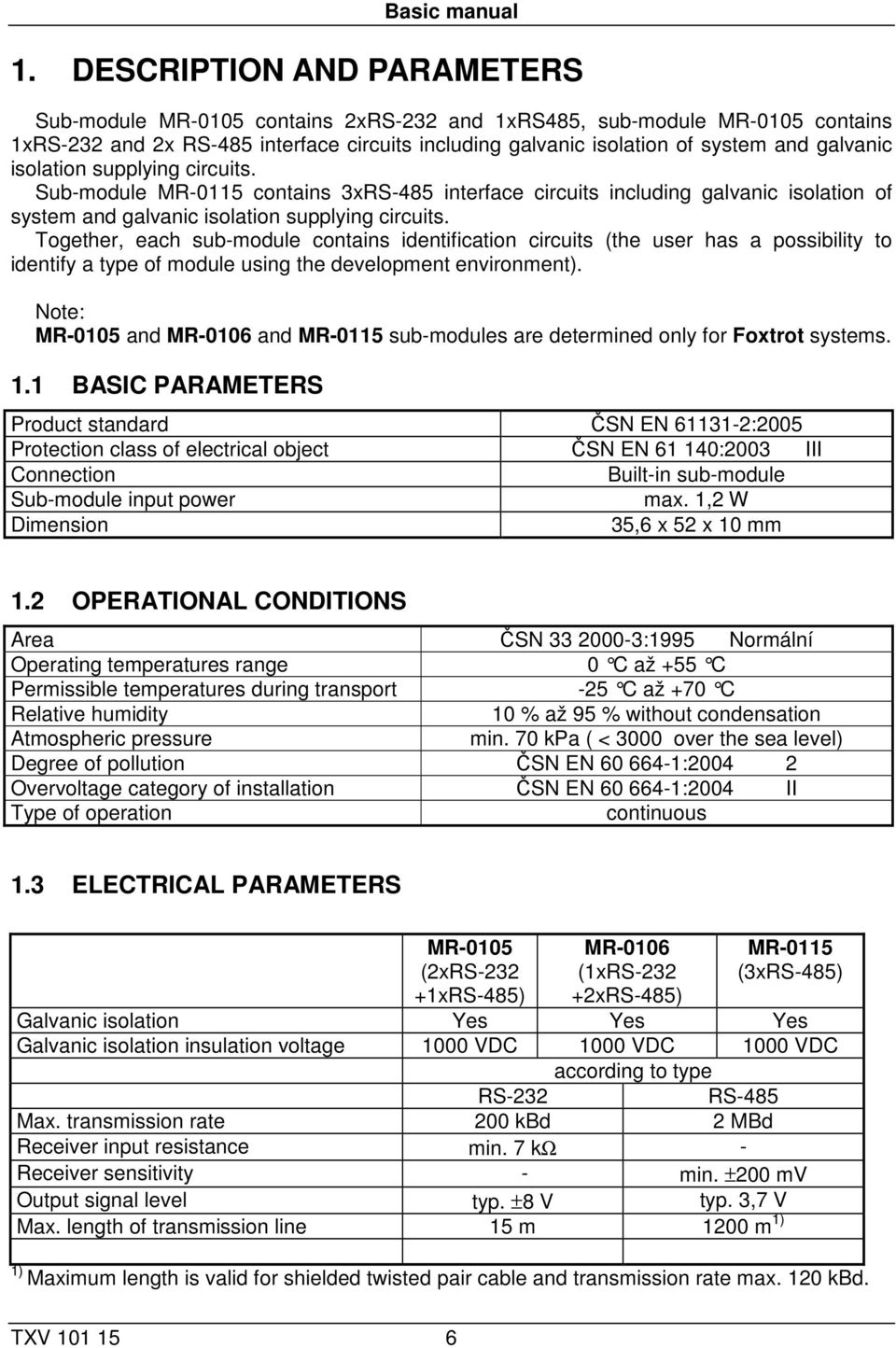 isolation supplying circuits. Sub-module MR-0115 contains 3xRS-485 interface circuits including galvanic isolation of system and galvanic isolation supplying circuits.